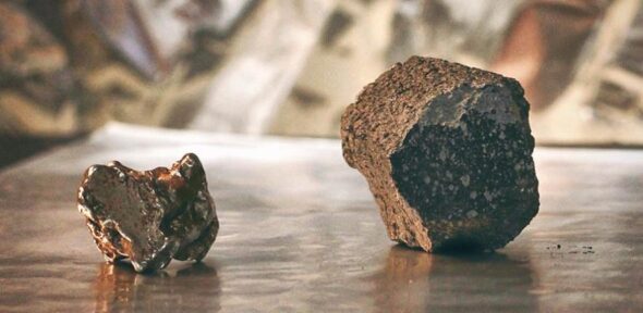 An iron meteorite from the core of a melted planetesimal (left) and a chondrite meteorite, derived from a ‘primitive’, unmelted planetesimal (right).Credit: Rayssa Martins/Ross Findlay